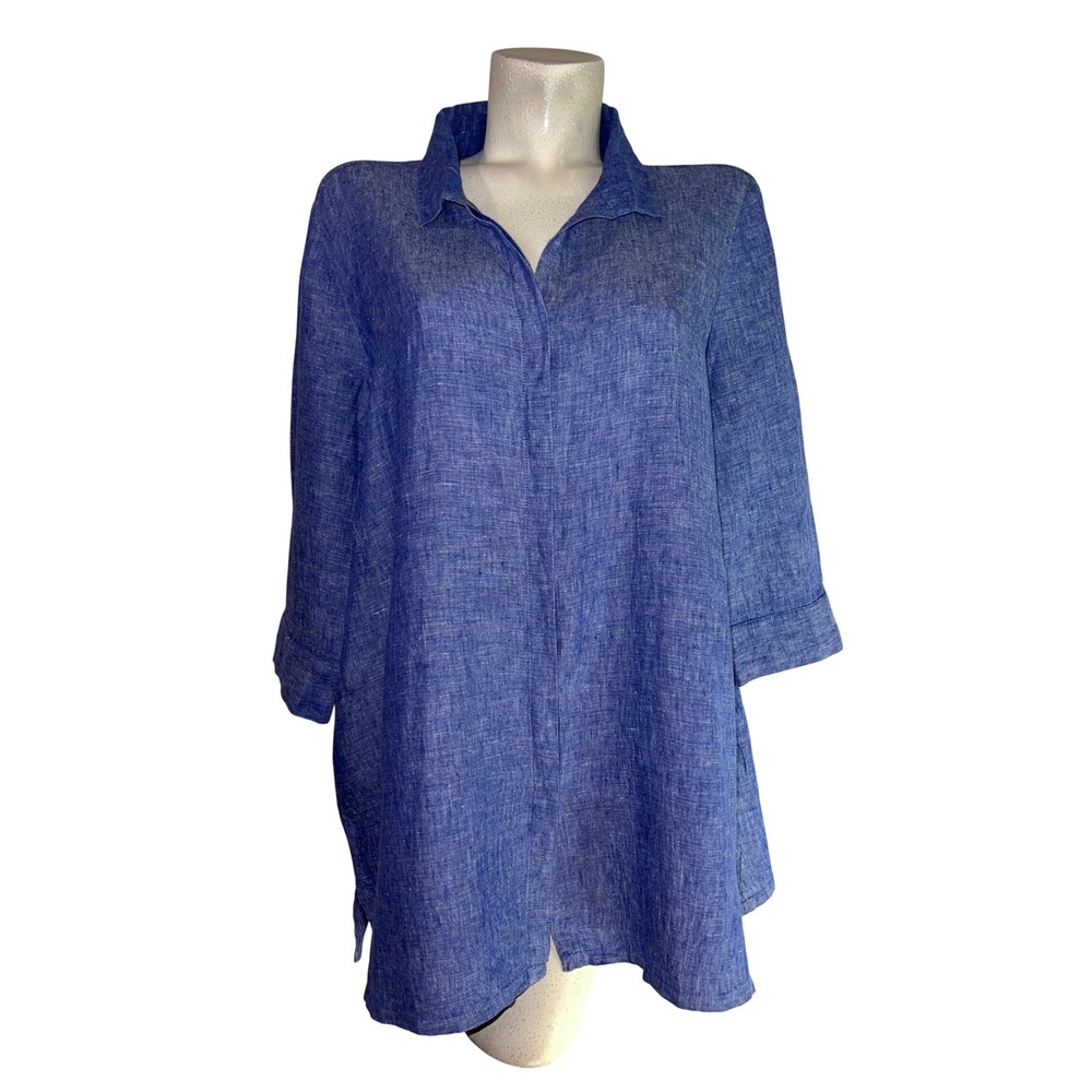 Foxcroft NYC Womens Blue 100% Linen 3/4 Sleeve Button Down Tunic Shirt Size 12